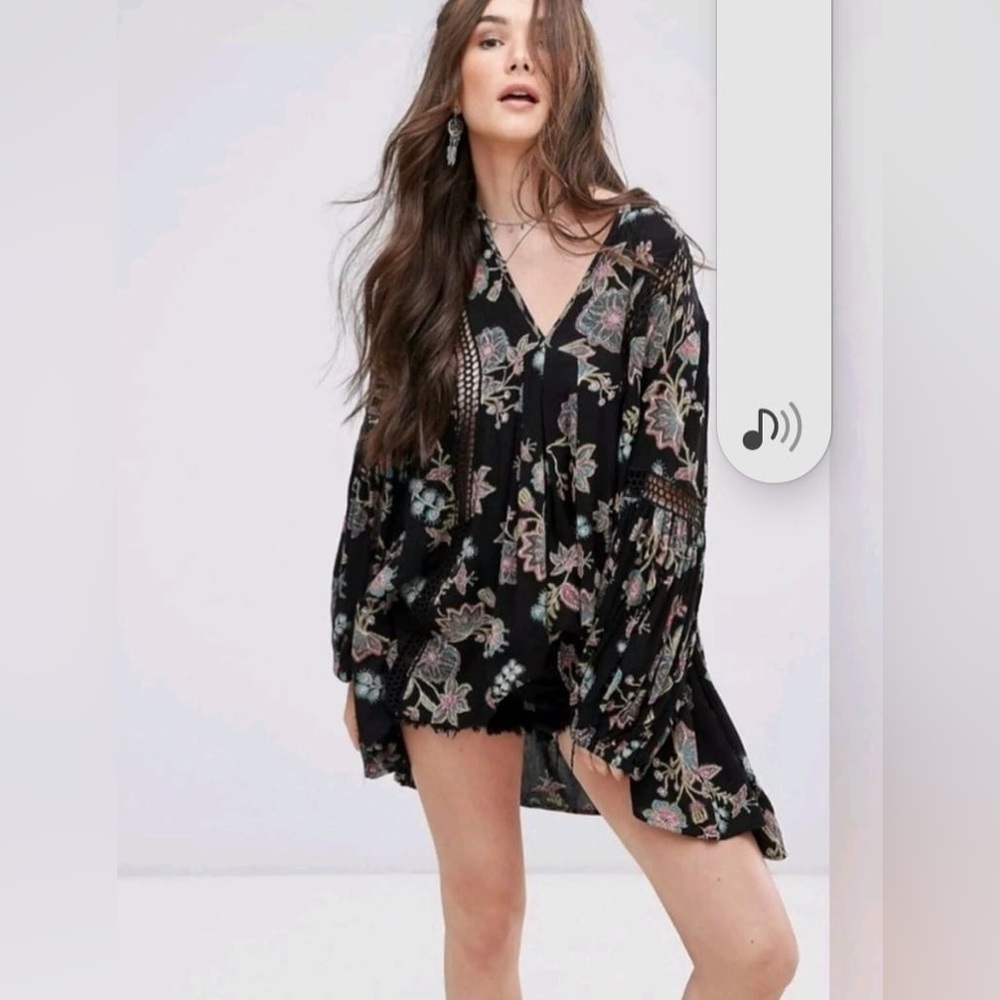Free People Black and Pink Floral Tunic
